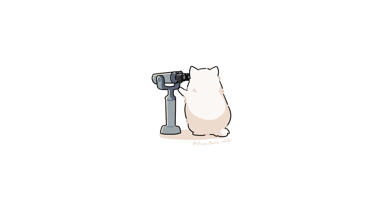 animal animal_focus arm_up artist_name binoculars dog facing_away fluffy from_behind fuwa_fuwa_dog no_humans original paw_up shadow simple_background solo standing tower_viewer twitter_username white_background