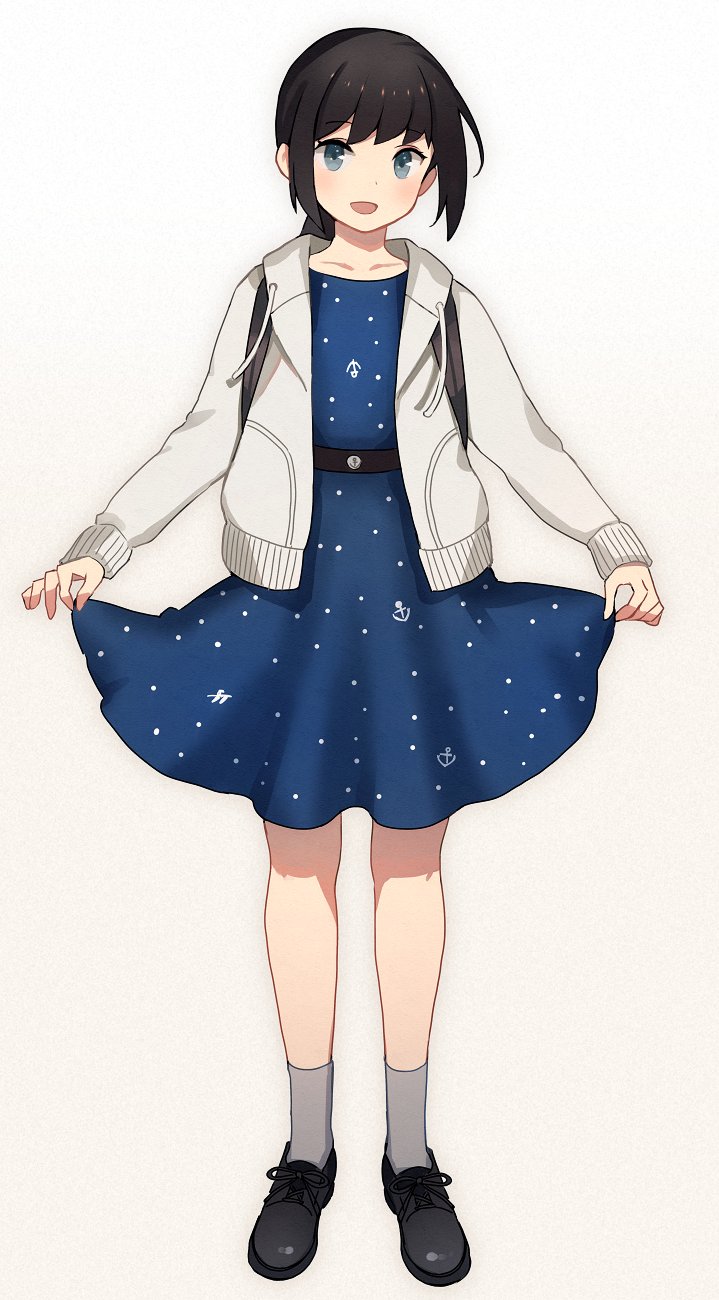 1girl :d anchor_symbol black_footwear black_hair blue_dress blue_eyes blush collarbone dress eyebrows_visible_through_hair fubuki_(kancolle) full_body grey_hoodie grey_legwear hair_between_eyes highres hood hoodie kantai_collection kasumi_(skchkko) long_sleeves open_mouth short_hair short_ponytail smile socks solo