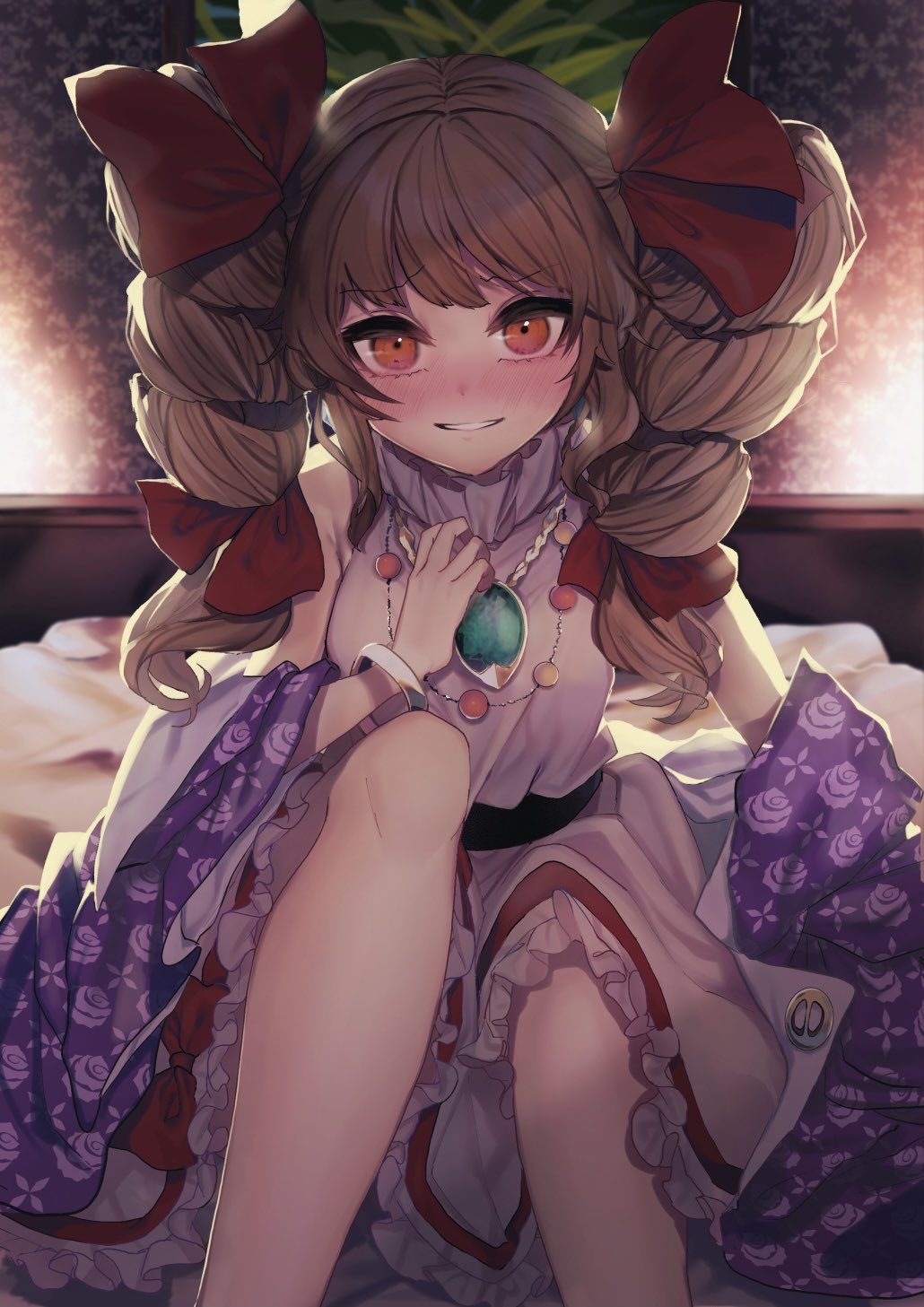1girl armpit_crease bangs bare_shoulders blush bow breasts coat commentary_request dress drill_hair eyebrows_visible_through_hair feet_out_of_frame floral_print frills hair_bow hand_on_own_chest hand_up highres indoors ishikawa_sparerib knees_up long_hair looking_at_viewer medium_breasts nose_blush off_shoulder orange_eyes orange_hair parted_lips purple_coat red_bow sitting smile solo touhou twin_drills wall white_dress yorigami_jo'on