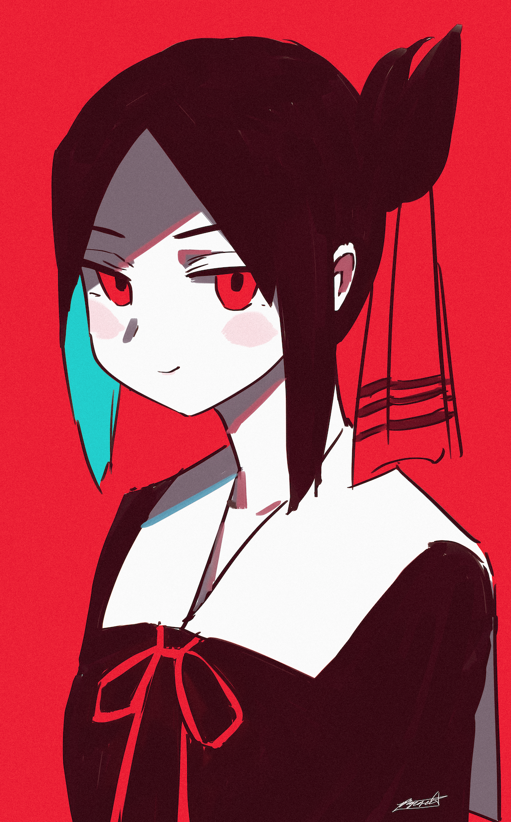 1girl bangs black_dress black_hair closed_mouth dress folded_ponytail hair_ribbon highres kaguya-sama_wa_kokurasetai_~tensai-tachi_no_renai_zunousen~ looking_at_viewer neck_ribbon parted_bangs red_background red_eyes ribbon ryusei_hashida school_uniform shinomiya_kaguya signature simple_background smile solo