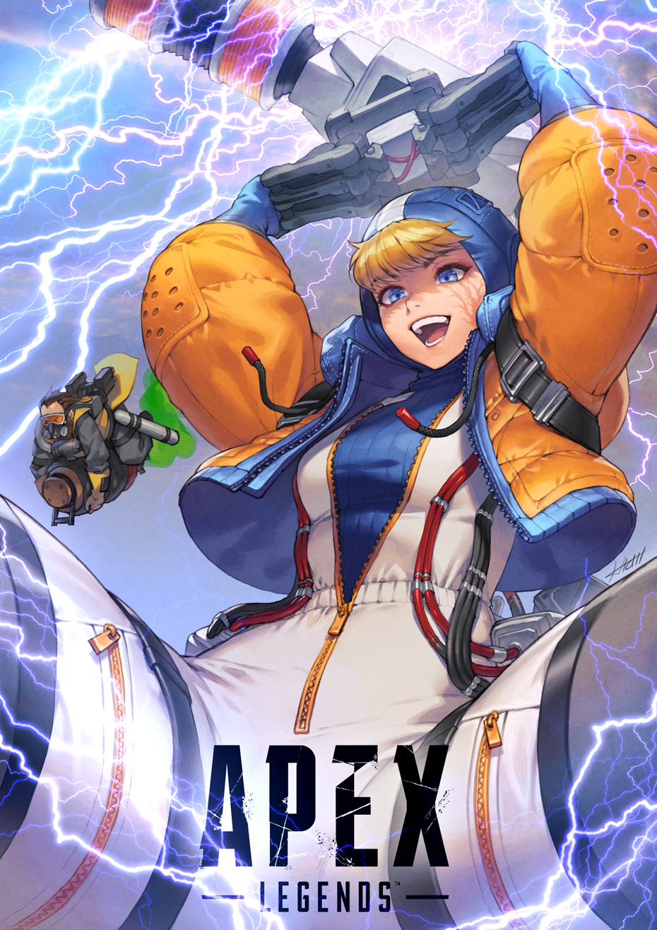 &gt;_&lt; 1boy 1girl apex_legends blonde_hair blue_eyes blue_sweater bodysuit breasts burn_scar copyright_request electricity english_commentary flying hichi highres hood hood_up jacket long_sleeves medium_breasts mirage_(apex_legends) open_clothes open_jacket open_mouth orange_jacket partially_unzipped pilot_suit puffy_long_sleeves puffy_sleeves ribbed_sweater riding scar scar_on_cheek scar_on_face smile solo_focus sweater wattson_(apex_legends) white_bodysuit zipper