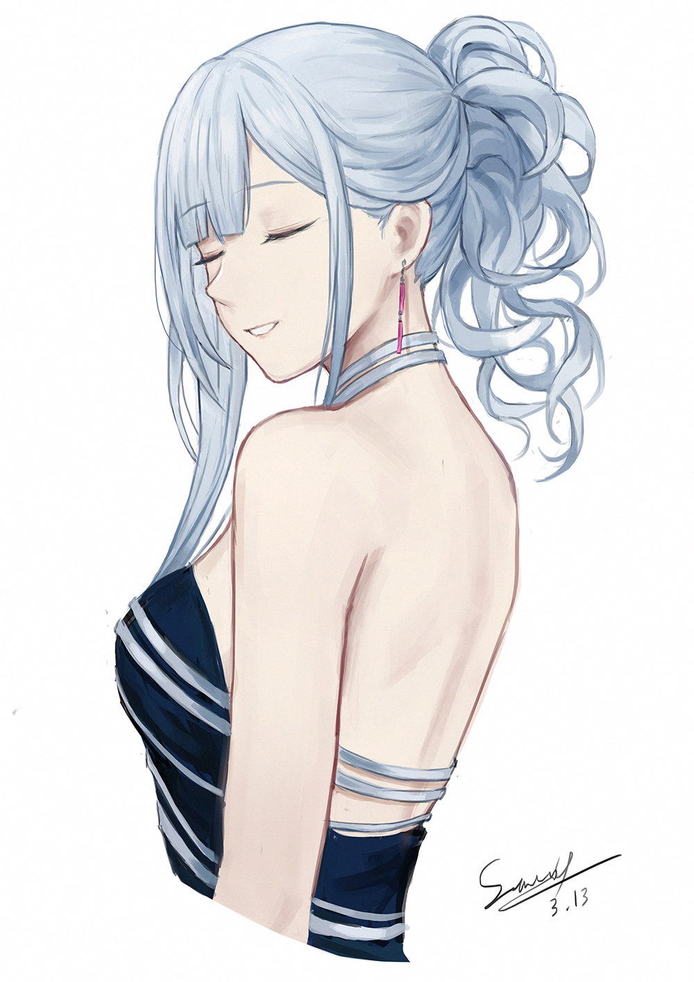 1girl ak-12_(girls_frontline) aqua_dress artist_name back bare_back bare_shoulders breasts closed_eyes dated dress earrings girls_frontline hair_ornament highres jewelry long_hair medium_breasts selcky silver_hair smile solo white_background