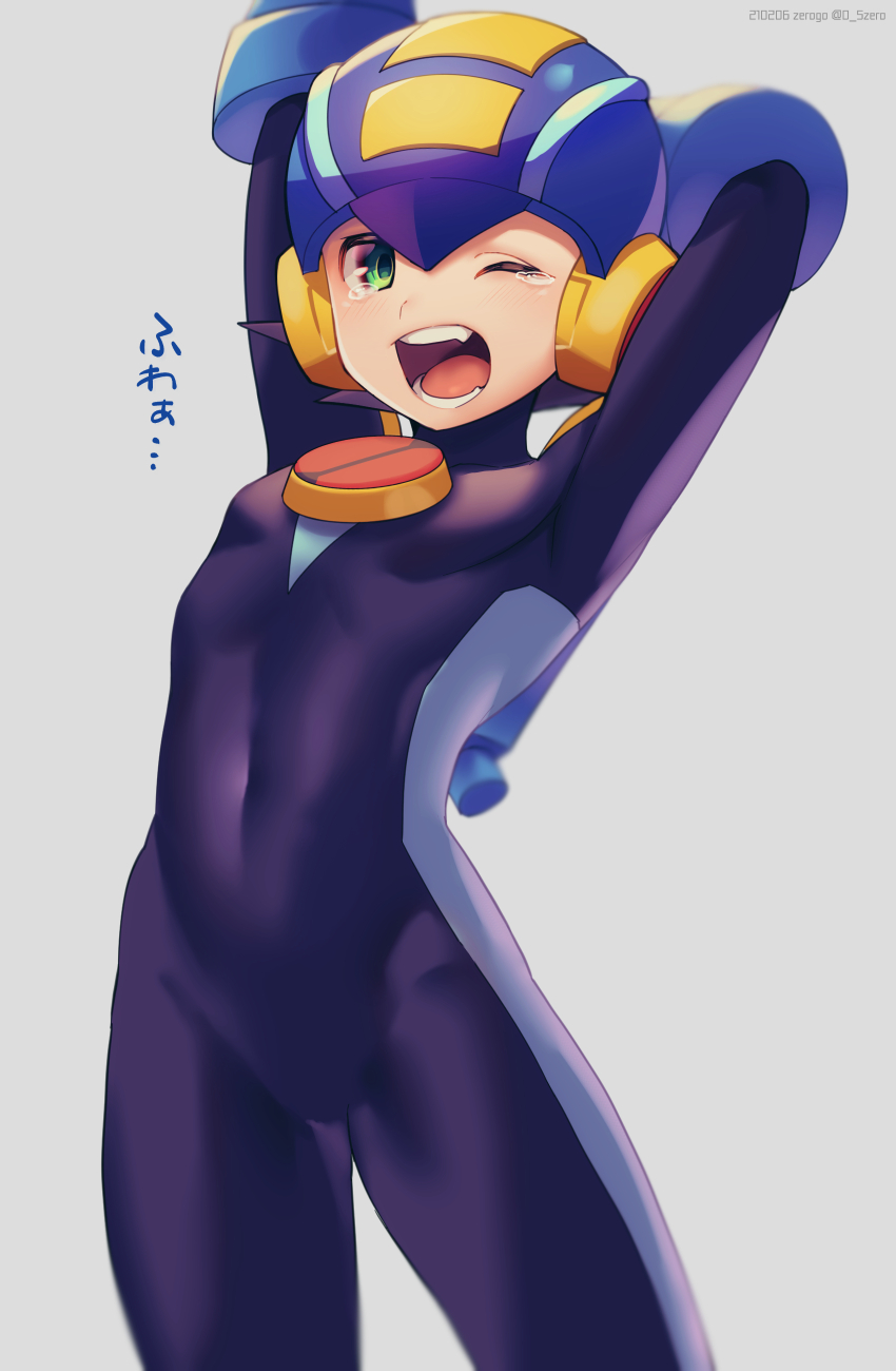 1boy arm_behind_head arms_up artist_name blue_headwear blush bodysuit commentary_request covered_navel cowboy_shot dated green_eyes grey_background helmet highres male_focus netnavi one_eye_closed open_mouth purple_bodysuit rockman rockman_exe rockman_exe_(character) short_hair simple_background solo standing tearing_up teeth tongue translation_request twitter_username yawning zero-go