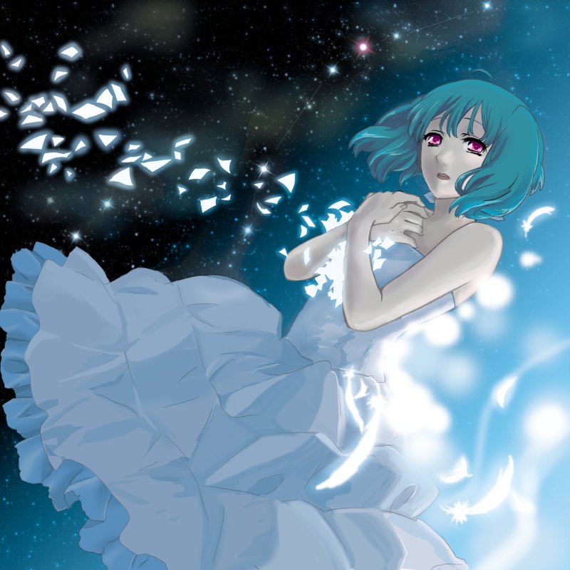 1girl bare_shoulders cero_(cerocero) dress expressionless feathers floating_hair green_hair macross macross_frontier music ranka_lee red_eyes short_hair singing sleeveless sleeveless_dress solo space strapless strapless_dress