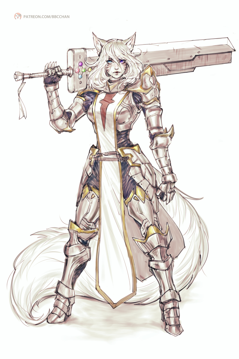 1girl animal_ear_fluff animal_ears armor armored_boots bbc-chan boots borrowed_character borrowed_weapon breastplate breasts buster_sword commission english_commentary faulds final_fantasy final_fantasy_vii fox_ears fox_tail full_armor full_body gauntlets greaves green_eyes heterochromia highres holding holding_sword holding_weapon huge_weapon long_tail materia medium_breasts medium_hair mizuki_(devin_stone) original over_shoulder paladin pauldrons shoulder_armor solo sword tabard tail violet_eyes weapon weapon_over_shoulder white_background white_hair white_tail