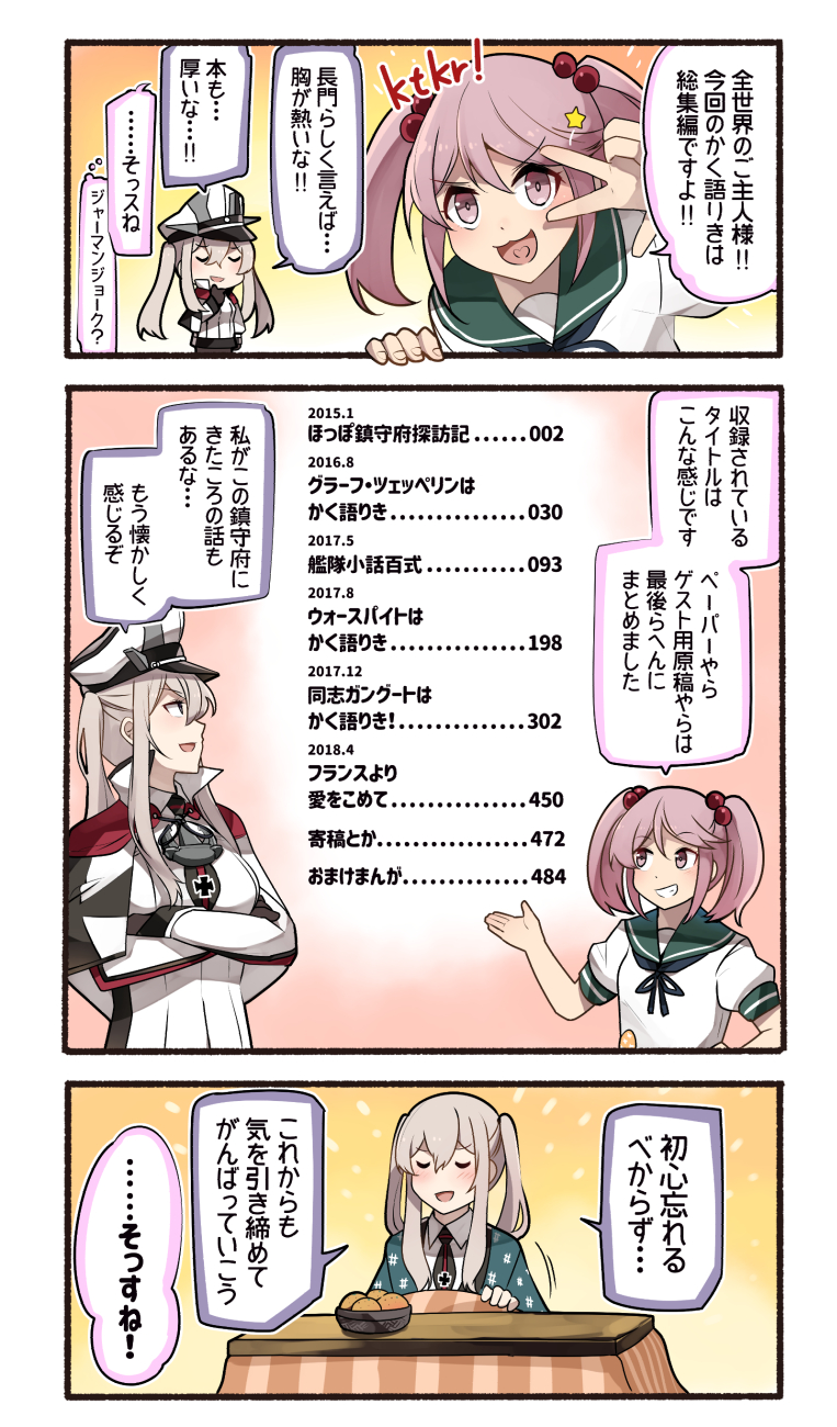 2girls badge blonde_hair capelet celtic_knot commentary_request crossed_arms graf_zeppelin_(kancolle) green_sailor_collar grey_eyes grin hair_between_eyes hair_bobbles hair_ornament hanten_(clothes) hat heart heart_in_mouth highres ido_(teketeke) iron_cross kantai_collection kotatsu military military_hat military_uniform multiple_girls peaked_cap pink_eyes pink_hair puffy_short_sleeves puffy_sleeves sailor_collar sazanami_(kancolle) school_uniform serafuku short_hair short_sleeves sidelocks smile table table_of_contents translation_request twintails uniform upper_body v_over_eye