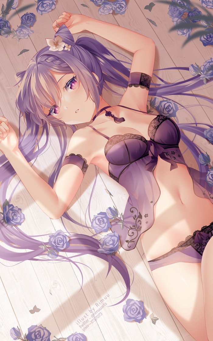 1girl arms_up artist_name babydoll bangs bare_shoulders blurry blurry_foreground braid breasts choker commentary crossed_legs day eyebrows_visible_through_hair floral_print flower genshin_impact hair_between_eyes hair_flower hair_ornament keqing_(genshin_impact) long_hair looking_at_viewer lying navel on_back on_floor panties parted_lips pixiv_username purple_flower purple_hair purple_panties purple_ribbon purple_rose ribbon rimuu rose shadow single_braid solo sunlight symbol-shaped_pupils twintails twitter_username underwear underwear_only violet_eyes white_flower wooden_floor