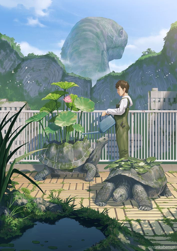 1boy animal blue_sky brown_hair clouds creature day garden gardening green_overalls holding holding_watering_can lily_pad long_sleeves nurikabe_(mictlan-tecuhtli) original outdoors oversized_animal plant potted_plant shirt sky solo tortoise turtle turtle_shell watering_can white_shirt