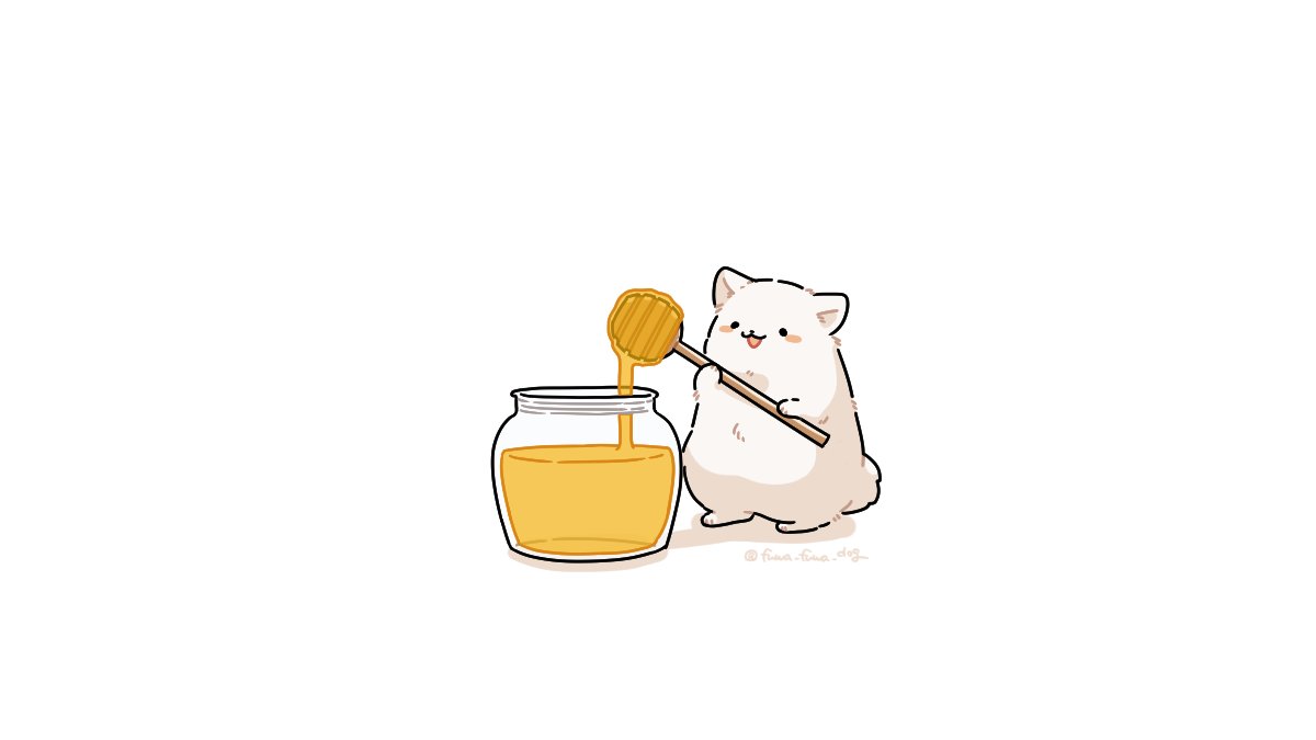 :3 animal animal_focus artist_name black_eyes blush_stickers dog fluffy fuwa_fuwa_dog holding honey honey_dipper jar no_humans open_mouth original shadow simple_background solid_circle_eyes solo standing twitter_username white_background