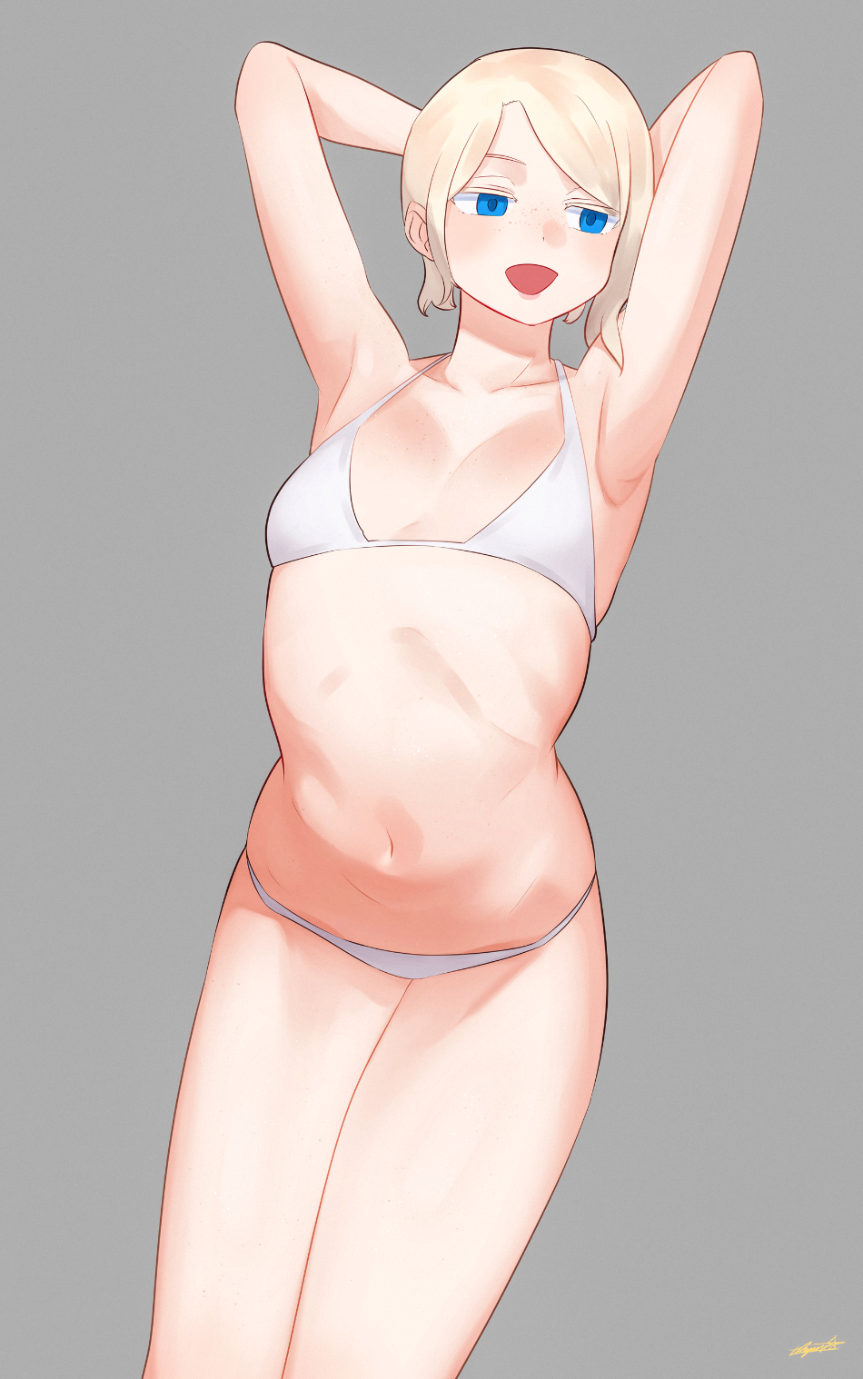 1girl :d armpits arms_behind_head bikini blonde_hair blue_eyes breasts freckles grey_background halterneck hands_up highres legs_together looking_to_the_side navel open_mouth original ryusei_hashida short_hair signature simple_background small_breasts smile solo standing stomach swimsuit white_bikini