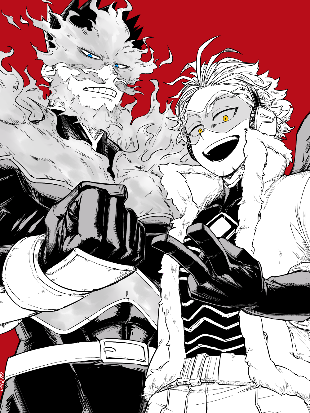 2boys artist_name beard belt belt_buckle blue_eyes bodysuit boku_no_hero_academia buckle clenched_hand clenched_teeth commentary_request covered_abs facial_hair facial_mark feathered_wings fiery_hair fire fur-trimmed_jacket fur_trim gloves goggles hawks_(boku_no_hero_academia) headphones highres jacket looking_at_viewer male_focus monochrome multiple_boys muscular muscular_male open_mouth red_background sangatsu_daiya shirt short_hair simple_background spiky_hair spot_color stubble teeth todoroki_enji v wings yellow_eyes