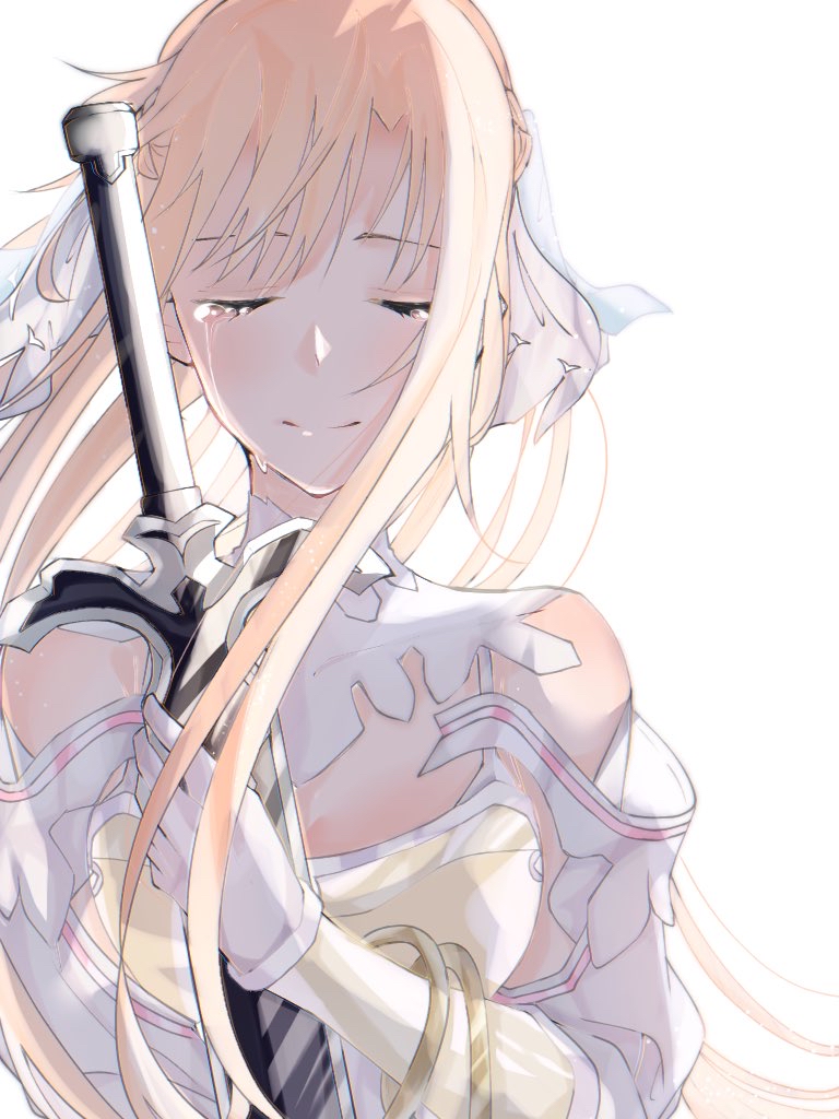 1girl armor asuna_(stacia) blonde_hair bracelet breastplate choker closed_eyes crossed_arms crying dark_repulser detached_sleeves floating_hair gloves holding holding_sword holding_weapon jewelry long_hair nina_sukinamono simple_background solo sword sword_art_online tears upper_body very_long_hair weapon white_background white_choker white_gloves white_sleeves