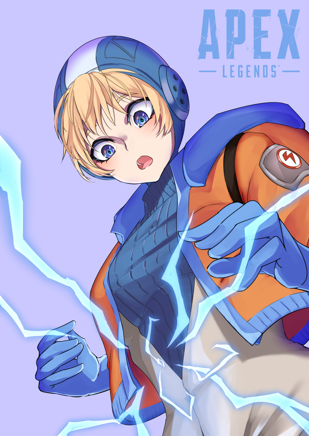 1girl apex_legends bangs blonde_hair blue_bodysuit blue_gloves blue_headwear blush bodysuit breasts copyright_name covered_navel electricity eyebrows_behind_hair gloves highres hood hooded_jacket jacket logo lox_(orchis_lox) medium_breasts open_hands open_mouth orange_jacket purple_background ribbed_bodysuit solo upper_body wattson_(apex_legends) white_bodysuit