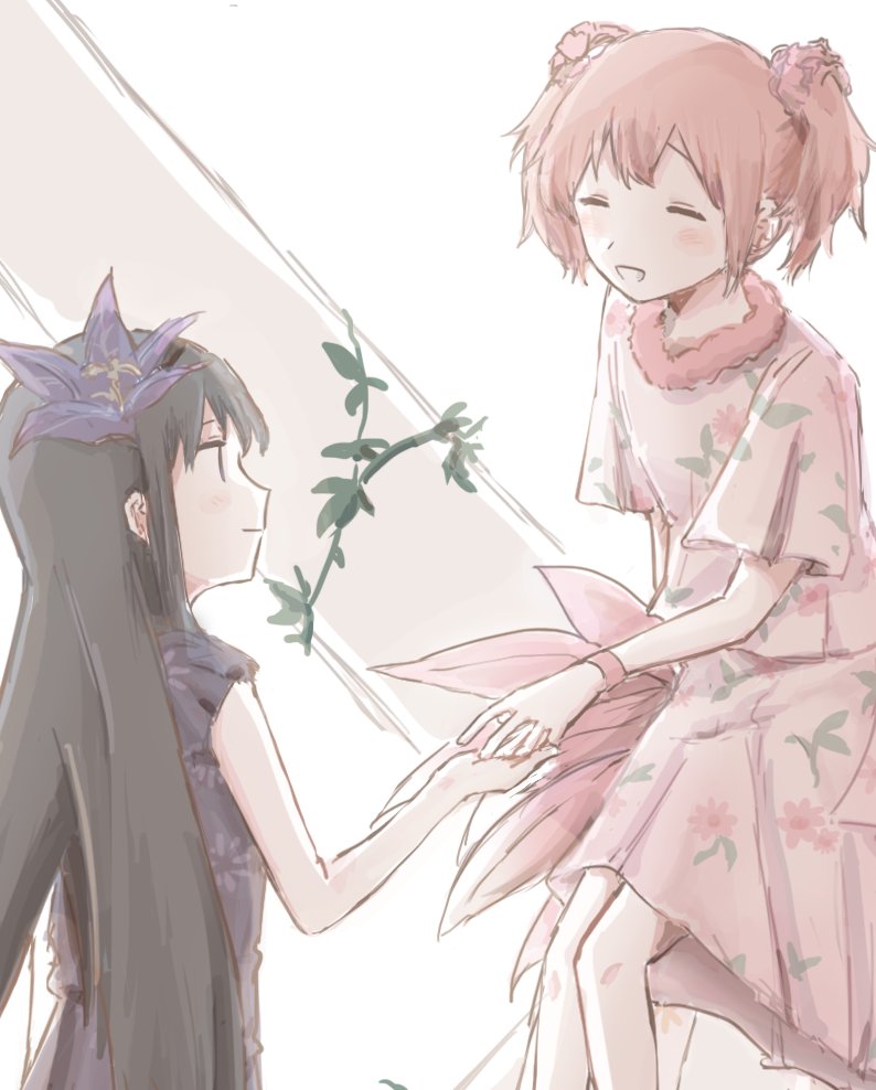 2girls ^_^ akemi_homura alternate_costume bare_legs black_hair blush closed_eyes closed_mouth dot_nose dress facing_viewer flat_chest floral_print flower fur-trimmed_shirt fur_trim hair_flower hair_ornament happy holding_hands kaname_madoka knees_together_feet_apart leaf light_smile long_hair looking_at_another looking_up mahou_shoujo_madoka_magica multiple_girls muted_color ocha_(ran) outstretched_hand pale_skin parted_lips pink_hair pink_scrunchie pink_shirt pink_skirt plant profile purple_dress purple_flower scrunchie shirt short_sleeves simple_background sitting skirt smile twintails white_background