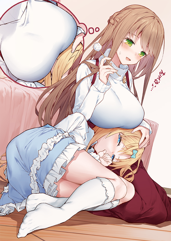 2girls :d bed blonde_hair blue_bow blue_eyes blue_skirt blush bow braid breasts brown_hair commentary_request ear_cleaning frilled_skirt frills green_eyes hair_bow half-closed_eyes holding inconvenient_breasts kneehighs lap_pillow large_breasts long_hair mimikaki multiple_girls no_shoes on_floor open_mouth original red_skirt sitting skirt smile sweat sweater thought_bubble thumb_sucking tokuno_yuika translation_request turtleneck turtleneck_sweater very_long_hair white_legwear white_sweater wooden_floor yokozuwari