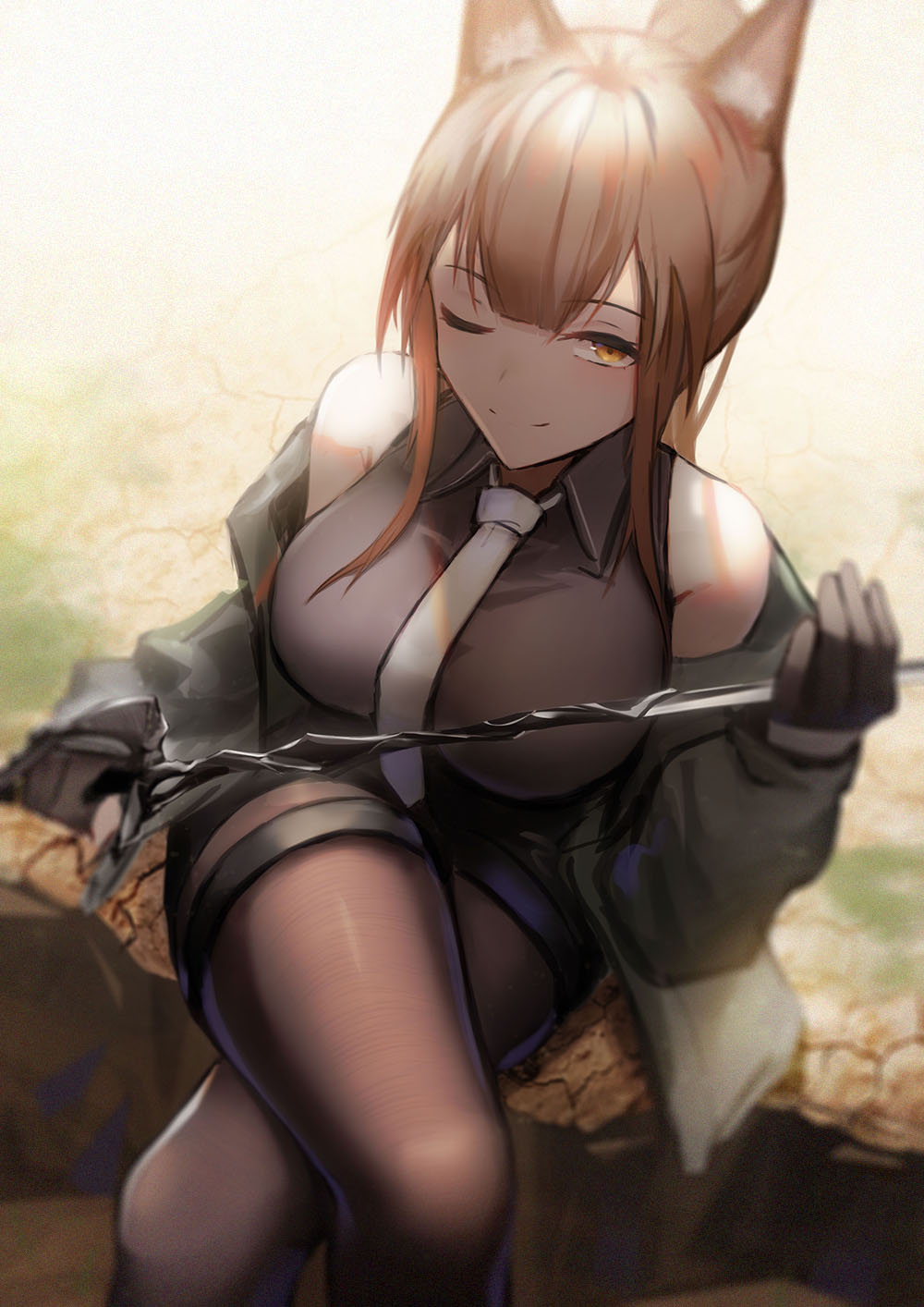 1girl ;) animal_ears arknights backlighting bangs bare_shoulders black_gloves black_jacket black_shirt black_shorts breasts brown_eyes brown_hair closed_mouth collared_shirt crossed_legs day eyebrows_visible_through_hair feet_out_of_frame fox_ears franka_(arknights) from_above gloves highres holding holding_sword holding_weapon jacket large_breasts legwear_under_shorts lodbyy long_hair long_sleeves looking_at_viewer looking_up necktie official_alternate_costume on_ground one_eye_closed open_clothes open_jacket outdoors pantyhose shirt shorts sidelocks sitting smile solo sword thigh_strap thighs weapon white_neckwear