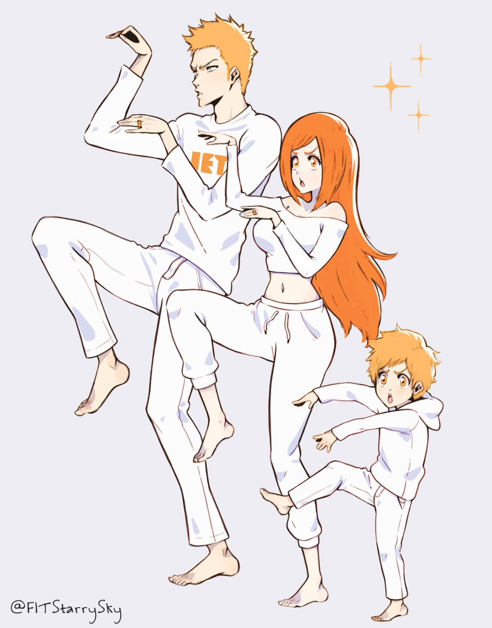 1girl 2boys bare_shoulders barefoot bleach bleach:_epilogue family father_and_son full_body highres ichihime inoue_orihime kurosaki_ichigo kurosaki_kazui long_hair mother_and_son multiple_boys open_mouth orange_eyes orange_hair parody shirt short_hair simple_background smile spoilers white_shirt