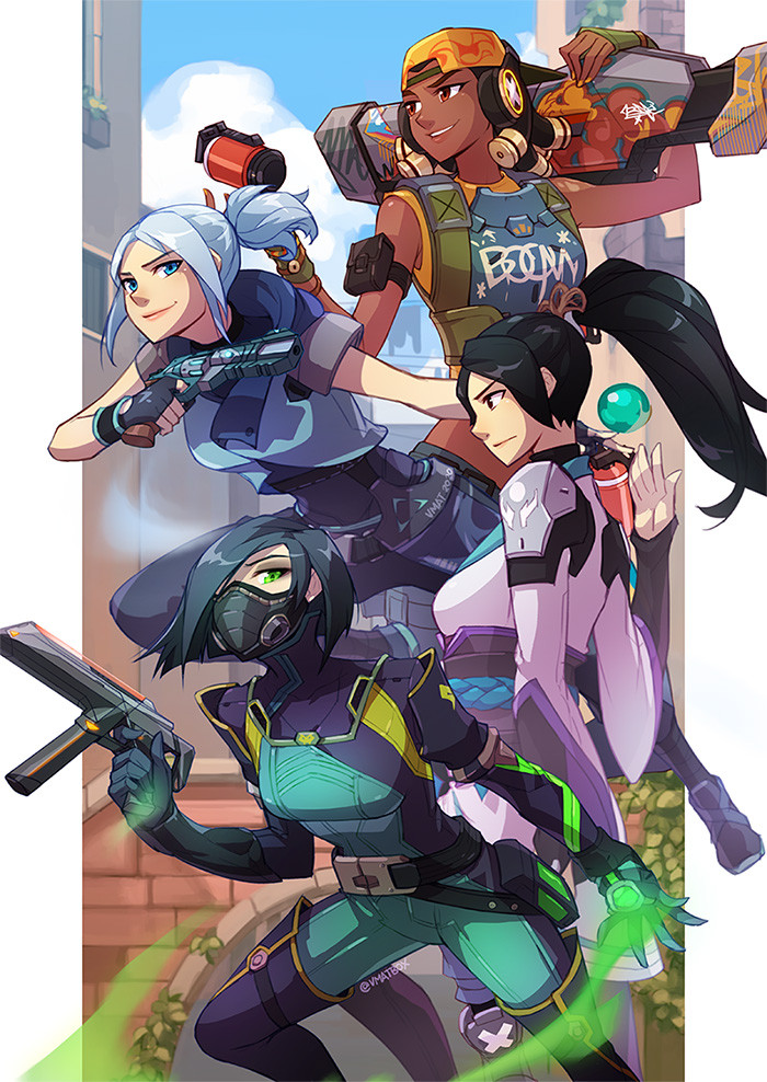 4girls arm_strap black_hair blue_hair bodysuit breasts brown_eyes dark_skin dark-skinned_female english_commentary explosive floating_hair green_eyes green_hair grenade gun hair_behind_ear hairlocs handgun holding holding_gun holding_weapon jett_(valorant) looking_at_viewer making-of_available mask md5_mismatch medium_breasts mouth_mask multiple_girls obi open_hand orb pistol ponytail raze_(valorant) sage_(valorant) sash short_hair smile submachine_gun tied_hair valorant viper_(valorant) vmat weapon white_hair