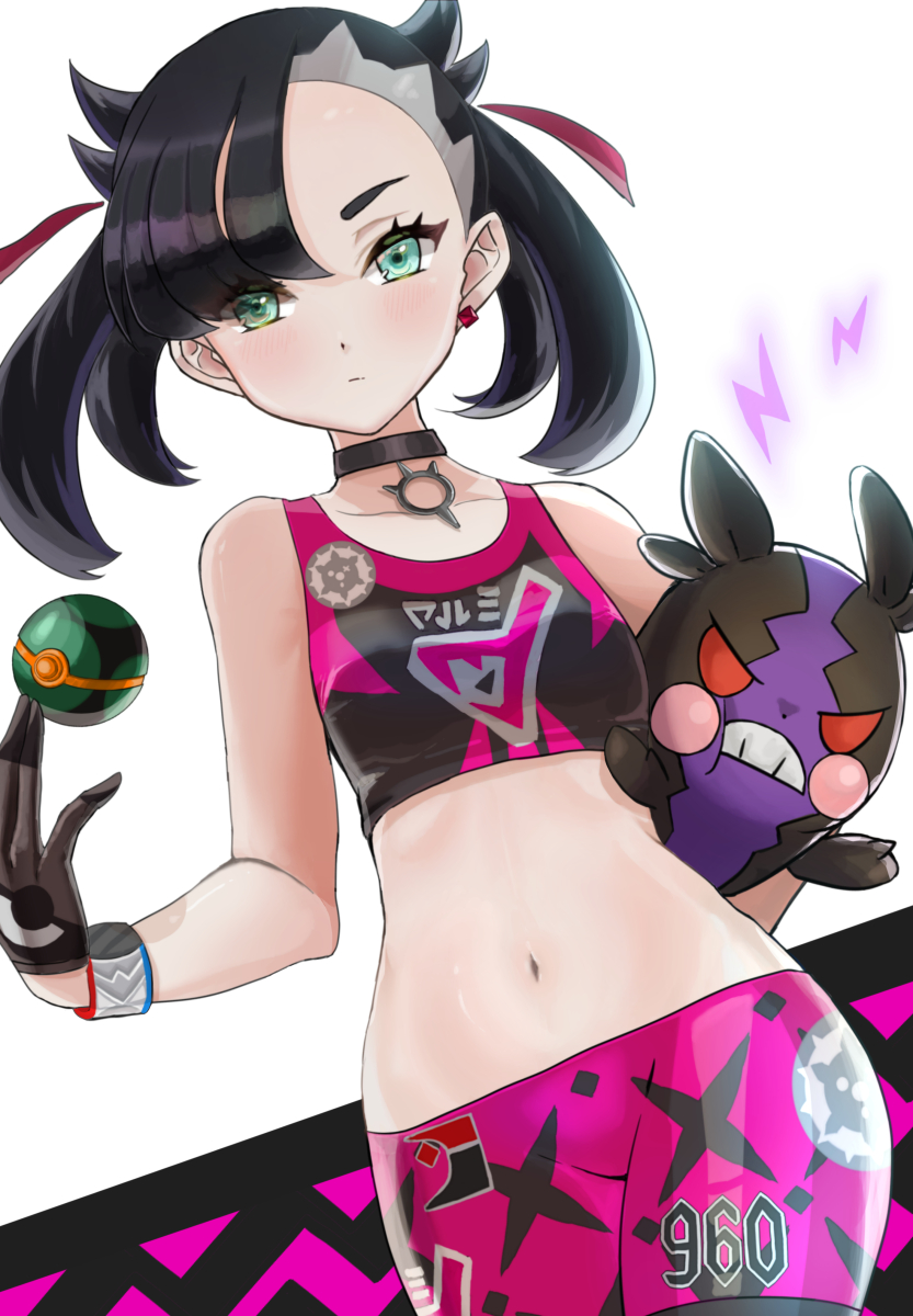 1girl asymmetrical_bangs bangs black_choker black_hair blush breasts choker closed_mouth collarbone commentary dusk_ball dynamax_band earrings eyelashes gen_8_pokemon gloves green_eyes hair_ribbon highres holding holding_pokemon jewelry leggings looking_at_viewer marnie_(pokemon) morpeko morpeko_(hangry) navel number poke_ball pokemon pokemon_(creature) pokemon_(game) pokemon_swsh red_ribbon ribbon setta_shu