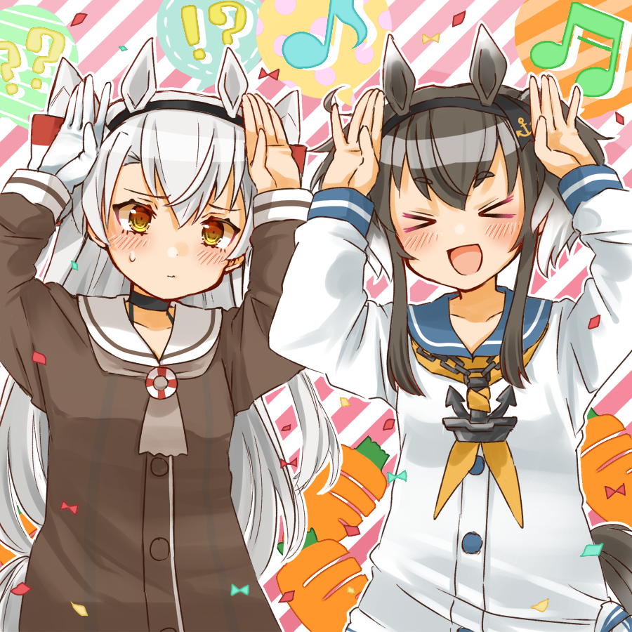 2girls amatsukaze_(kancolle) anchor_symbol animal_ears blush breasts brown_dress closed_eyes cocoperino dress embarrassed fake_animal_ears gloves gradient_hair hair_tubes hat headgear horse_ears kantai_collection long_hair mini_hat multicolored_hair multiple_girls open_mouth sailor_dress shirt short_dress short_hair_with_long_locks silver_hair single_glove small_breasts smile smokestack_hair_ornament sweatdrop tied_shirt tokitsukaze_(kancolle) two_side_up upper_body windsock