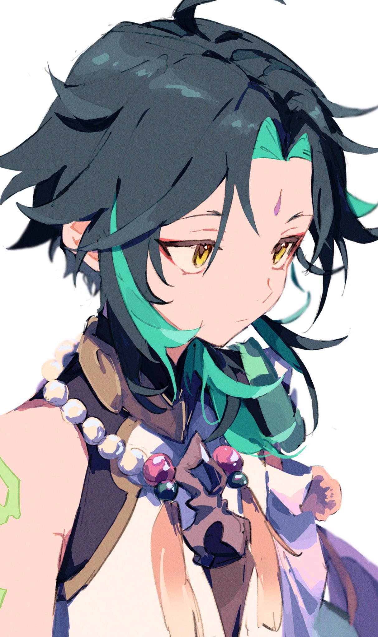 1boy ahoge aqua_hair arm_tattoo asymmetrical_clothes bead_necklace beads black_hair closed_mouth facial_mark forehead_mark genshin_impact highres jewelry male_focus multicolored_hair necklace simple_background solo tassel tattoo upper_body waaaai_osushi white_background xiao_(genshin_impact) yellow_eyes