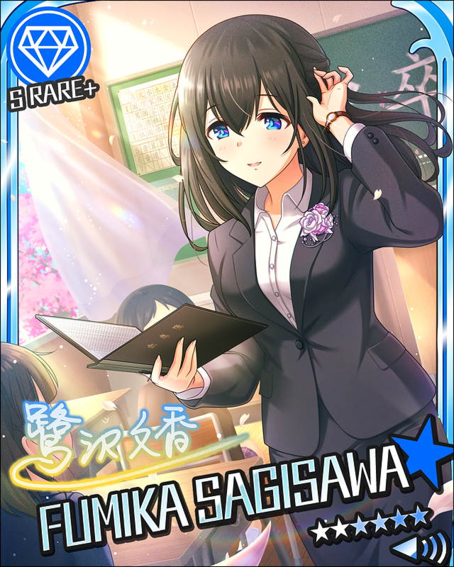 black_hair blue_eyes blush character_name idolmaster idolmaster_cinderella_girls jacket long_hair sagisawa_fumika stars