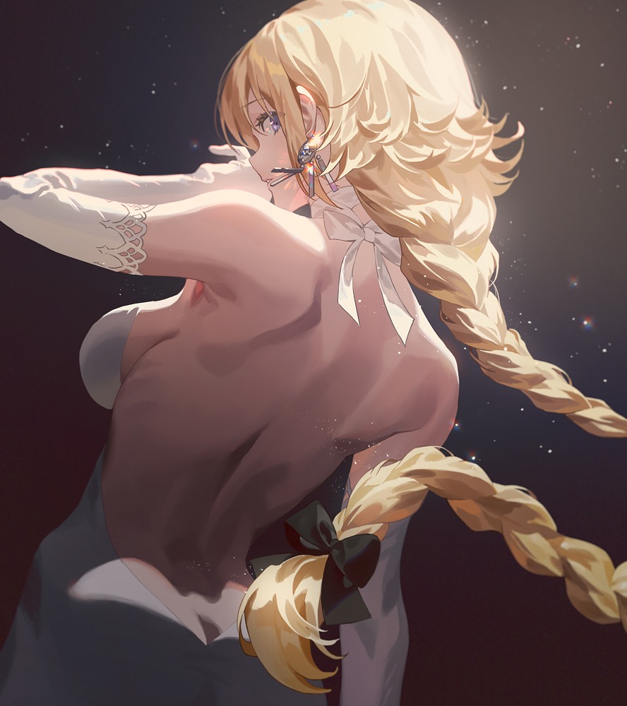 1girl bare_back bare_shoulders black_bow blonde_hair blue_eyes bow braid breasts butt_crack choker dress earrings elbow_gloves fajyobore fate/grand_order fate_(series) from_behind gloves hair_bow jeanne_d'arc_(fate) jeanne_d'arc_(fate)_(all) jewelry long_hair looking_at_viewer looking_back medium_breasts sideboob single_braid solo white_choker white_dress white_gloves
