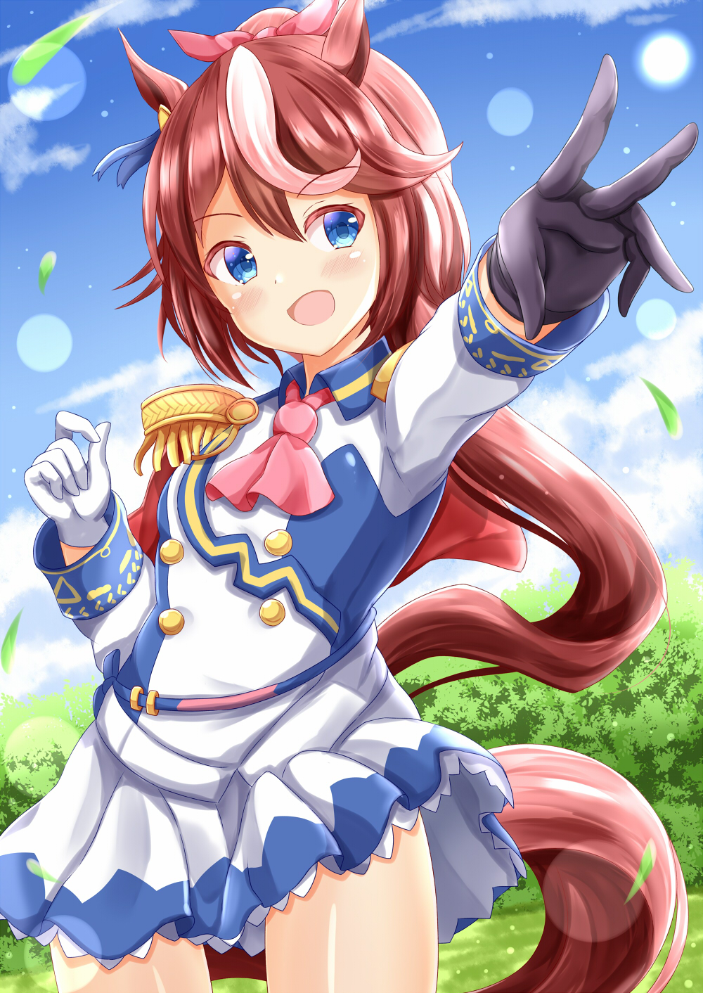 1girl :d animal_ears ascot bangs black_gloves blue_eyes blue_sky blush brown_hair clouds commentary_request day epaulettes eyebrows_visible_through_hair gloves hair_between_eyes highres horse_ears horse_girl horse_tail jacket long_hair long_sleeves looking_at_viewer mismatched_gloves multicolored_hair open_mouth outdoors outstretched_arm pink_neckwear pleated_skirt ponytail single_epaulette skirt sky smile solo streaked_hair tail tokai_teio umamusume very_long_hair white_gloves white_hair white_jacket white_skirt zenon_(for_achieve)