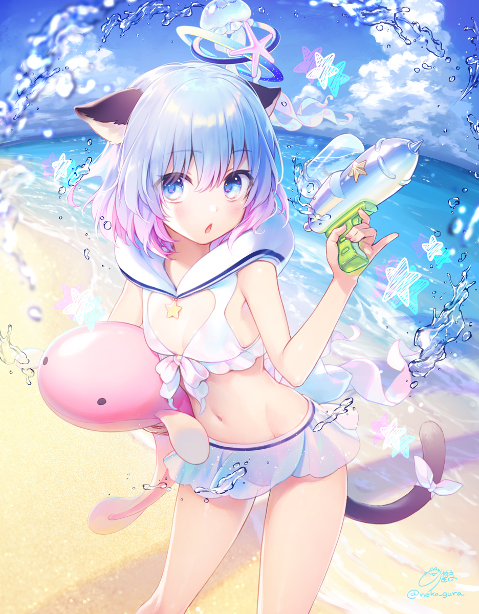 1girl animal_ears beach bikini blue_eyes blue_hair breasts chestnut_mouth clouds commentary_request day eyebrows_visible_through_hair gradient_hair highres holding holding_stuffed_toy holding_water_gun looking_at_viewer multicolored_hair navel nekokan_masshigura ocean original pink_hair ribbon short_hair signature sky small_breasts solo standing stomach stuffed_animal stuffed_toy swimsuit tail tail_ornament tail_ribbon twitter_username two-tone_hair water water_gun white_bikini