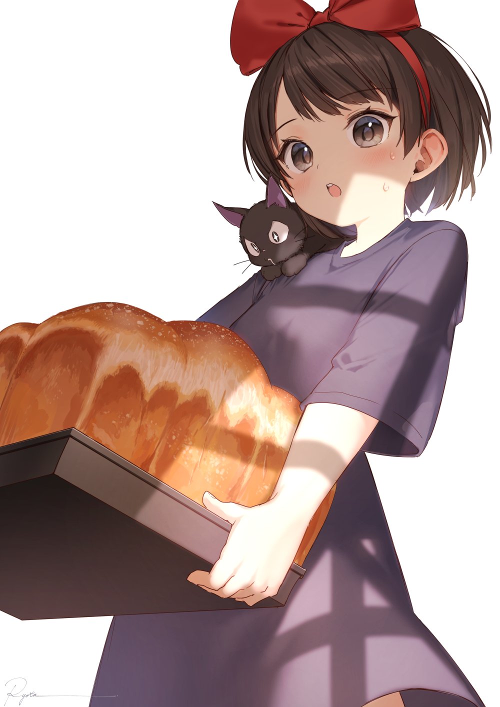 +_+ 1girl :o animal_on_shoulder bangs black_cat blush bow bread brown_eyes brown_hair cat cat_on_shoulder cowboy_shot dress eyebrows_visible_through_hair food from_below hair_bow hairband highres holding holding_tray jiji_(majo_no_takkyuubin) kiki looking_at_viewer looking_down majo_no_takkyuubin open_mouth purple_dress red_bow red_hairband ryota_(ry_o_ta) short_hair short_sleeves signature simple_background sparkling_eyes sweat swept_bangs tray white_background