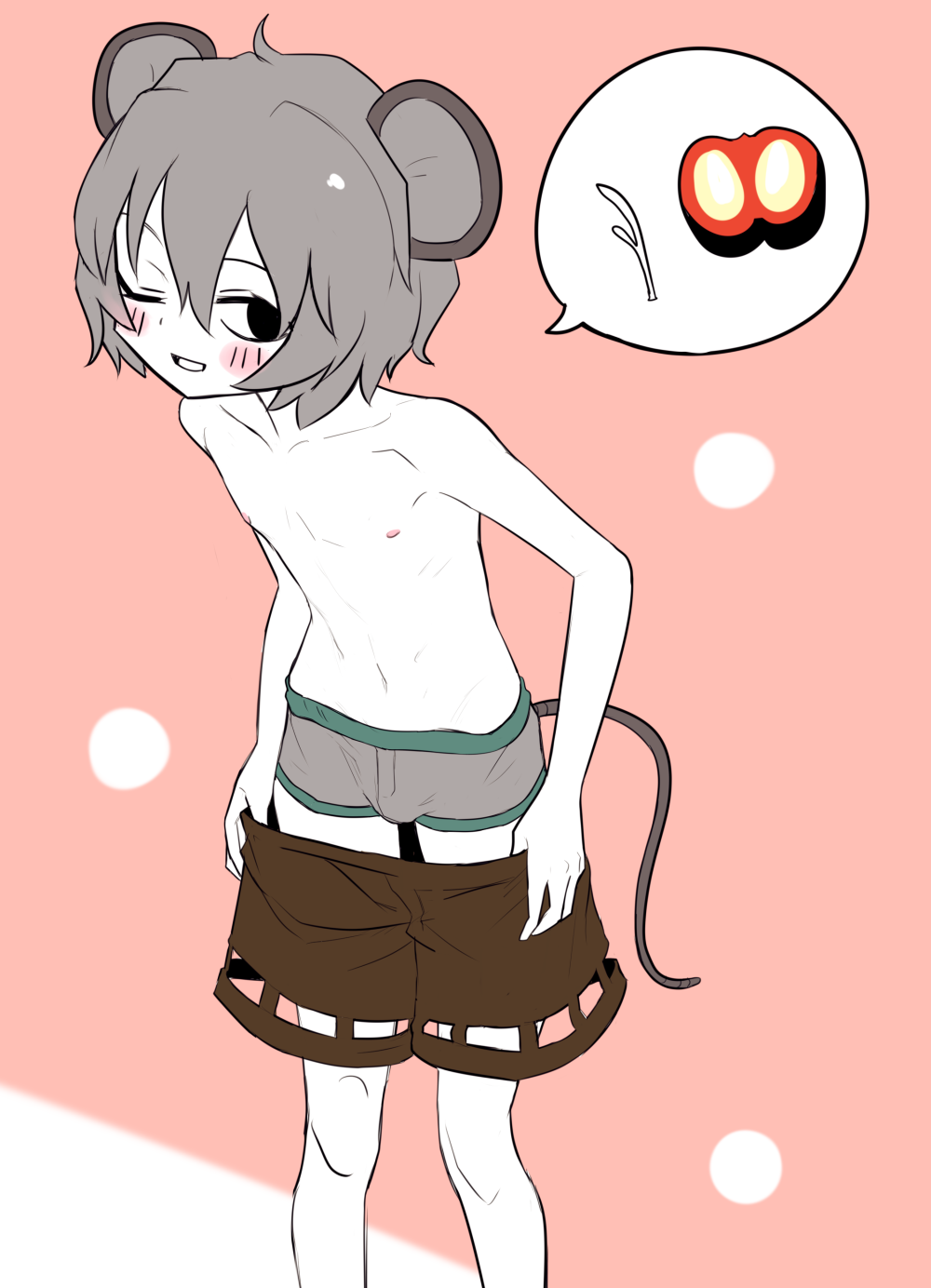 1boy adapted_costume animal_ears bangs blush briefs brown_shorts bulge colored_skin commentary_request cookie_(touhou) feet_out_of_frame genderswap genderswap_(ftm) grey_briefs grey_hair grey_male_underwear highres looking_at_viewer male_focus male_underwear manatsu_no_yo_no_inmu miyako_(naotsugu) mouse_ears mouse_tail nazrin nipples nyon_(cookie) one_eye_closed open_mouth otoko_no_ko pink_background short_hair shorts solo speech_bubble tail touhou underwear undressing white_skin