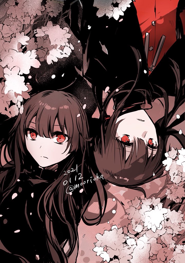 1boy black_cape black_hair black_jacket brother_and_sister cape closed_mouth fate/grand_order fate_(series) jacket jewelry koha-ace long_hair lying necklace oda_nobukatsu_(fate) oda_nobunaga_(fate) oda_nobunaga_(fate)_(all) on_back ponytail red_eyes red_jacket rioka_(southern_blue_sky) siblings sidelocks very_long_hair