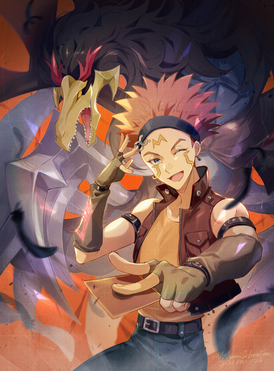 1boy 2021 ;d black-winged_dragon black_feathers blue_eyes brown_gloves brown_jacket card crow_hogan dated elbow_gloves fingerless_gloves gloves holding holding_card jacket looking_at_viewer male_focus one_eye_closed open_clothes open_jacket open_mouth orange_background orange_shirt pants redhead shirt sleeveless sleeveless_jacket sleeveless_shirt smile solo spiky_hair twitter_username youmicitrustea yu-gi-oh! yu-gi-oh!_5d's