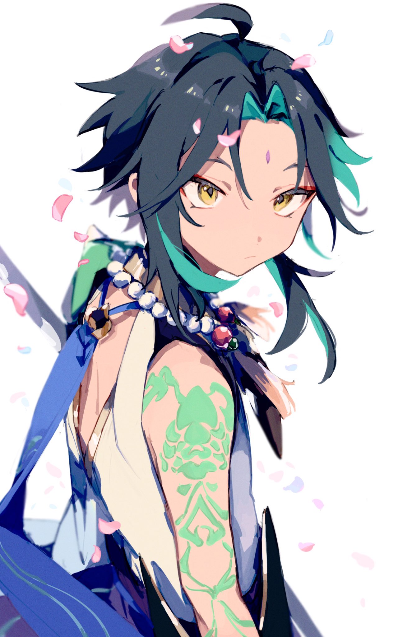 1boy ahoge arm_tattoo bead_necklace beads black_hair closed_mouth facial_mark forehead_mark genshin_impact green_hair highres jewelry male_focus multicolored_hair necklace petals simple_background solo tassel tattoo upper_body waaaai_osushi white_background xiao_(genshin_impact) yellow_eyes