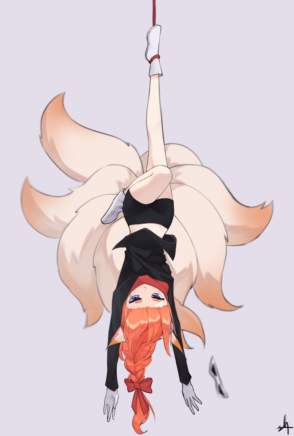 1girl animal_ears black_clothes blue_eyes eight-tailed_fox_nari eye_mask fox_ears fox_girl full_body gloves grey_background guardian_tales highres multiple_tails orange_hair red_ribbon ribbon rope sinlu solo tail white_footwear white_gloves