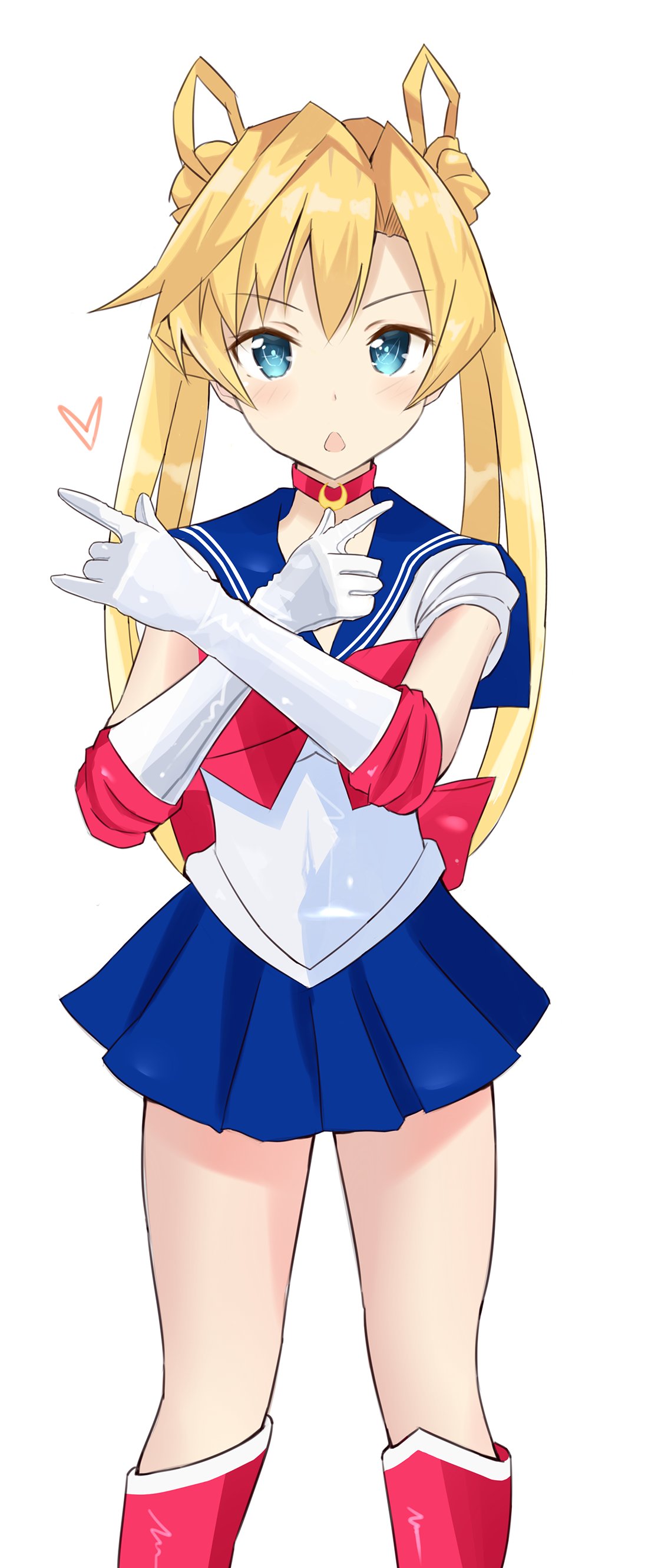 1girl absurdres abukuma_(kancolle) back_bow bishoujo_senshi_sailor_moon blonde_hair blue_eyes blue_sailor_collar blue_skirt bow choker commentary_request cosplay cowboy_shot double_bun hair_rings heart heart_choker highres kantai_collection leotard long_hair look-alike looking_at_viewer pleated_skirt red_bow red_choker sailor_collar sailor_moon sailor_moon_(cosplay) sailor_senshi_uniform shironeko_(whitecat_999) simple_background skirt solo tsuki_ni_kawatte_oshioki_yo tsukino_usagi white_background white_leotard