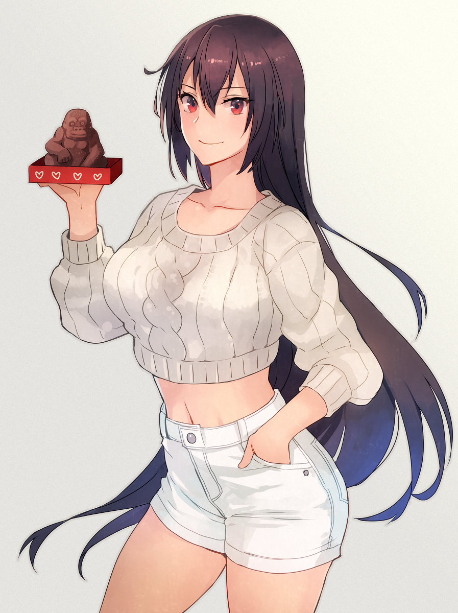 1girl alternate_costume aran_sweater black_hair breasts chocolate closed_mouth collarbone commentary_request cowboy_shot cropped_sweater food gorilla grey_background hair_between_eyes hand_in_pocket highres holding holding_chocolate holding_food kantai_collection kasumi_(skchkko) large_breasts long_hair long_sleeves nagato_(kancolle) navel red_eyes shorts simple_background smile solo standing sweater white_shorts white_sweater