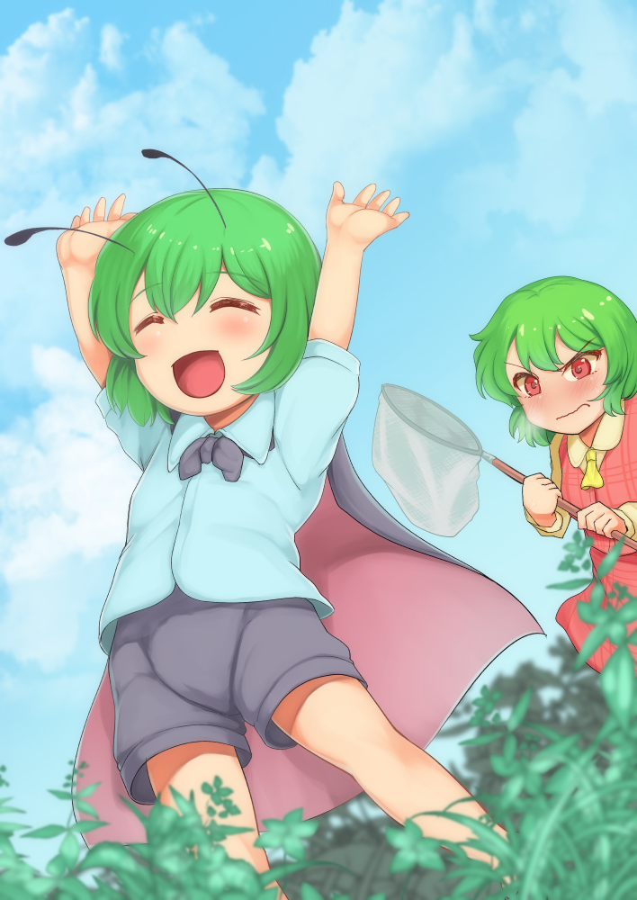 2girls androgynous antennae ascot bangs black_cape black_shorts blush butterfly_net cape closed_eyes closed_mouth clouds cloudy_sky collared_shirt commentary_request day dutch_angle feet_out_of_frame grass green_hair hand_net holding holding_butterfly_net kazami_yuuka long_sleeves looking_at_another multiple_girls open_mouth outdoors plaid plaid_skirt plaid_vest red_cape red_eyes red_skirt red_vest sadahiro_(chicken_nugget_gyuuniku_aji) shirt short_hair short_sleeves shorts skirt skirt_set sky standing touhou two-sided_cape two-sided_fabric vest white_shirt wriggle_nightbug yellow_neckwear |d