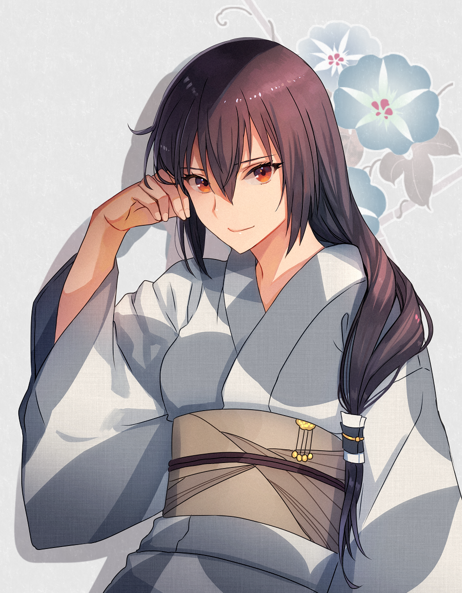 1girl black_hair cowboy_shot floral_background grey_kimono hair_over_shoulder highres japanese_clothes kantai_collection kasumi_(skchkko) kimono long_hair looking_at_viewer nagato_(kancolle) obi official_alternate_costume red_eyes sash solo upper_body yukata