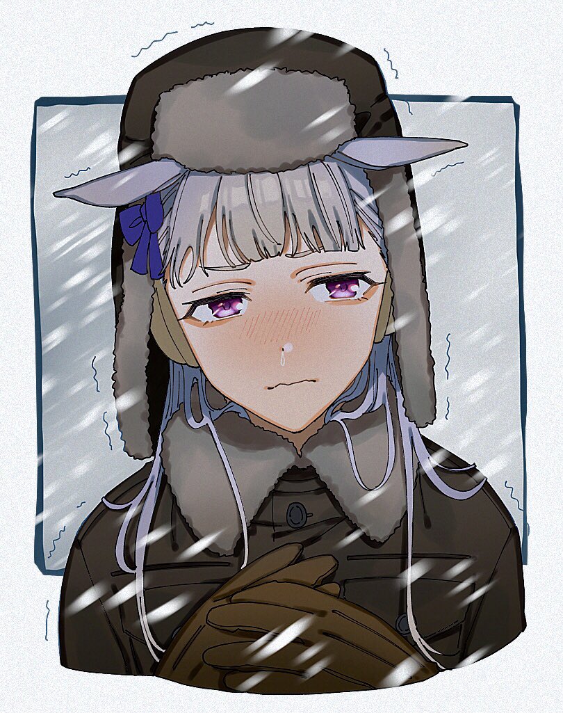 1girl animal_ears bangs blue_ribbon blunt_bangs blush closed_mouth commentary_request gloves gold_ship horse_ears horse_girl iwawa ribbon snow snowstorm solo trembling umamusume violet_eyes wavy_mouth winter_clothes