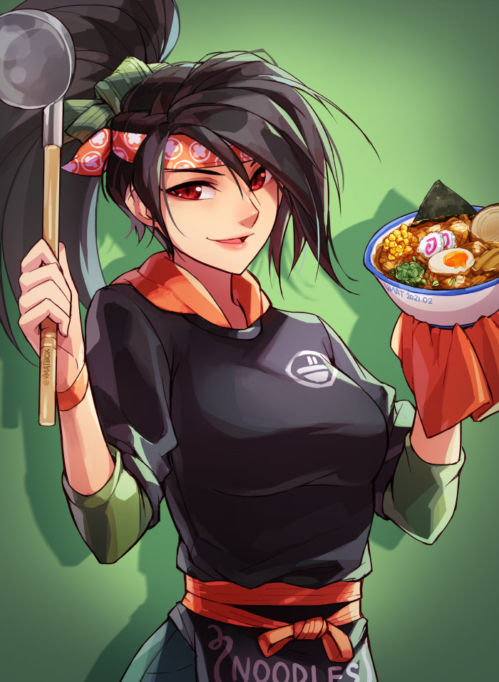 1girl akali alternate_costume black_hair black_shirt bracelet breasts egg english_commentary food green_background hair_behind_ear hood hoodie jewelry league_of_legends making-of_available medium_breasts noodles open_mouth orange_headband orange_hoodie ponytail ramen red_eyes shadow shirt smile solo tied_hair v-shaped_eyebrows vmat