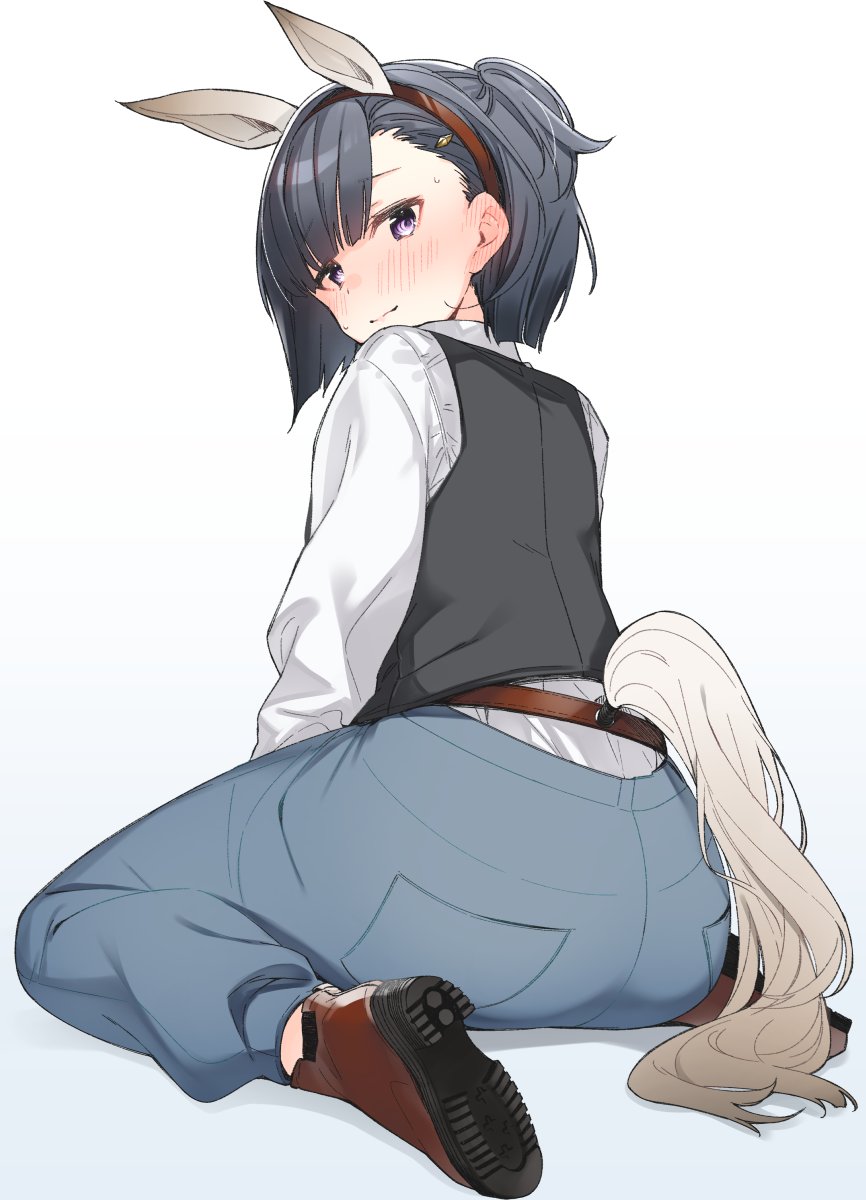 1girl animal_ears ass asymmetrical_hair black_hair black_vest blue_pants blush boots brown_footwear closed_mouth collared_shirt commentary denim embarrassed fake_animal_ears fake_tail from_behind full-face_blush full_body gradient gradient_background hairband highres horse_ears horse_tail jeans kiryuin_aoi light_blue_background long_sleeves looking_at_viewer looking_back nekoume pants shirt short_hair short_sidetail side_ponytail simple_background sitting solo sweatdrop tail umamusume vest violet_eyes wariza white_background white_shirt