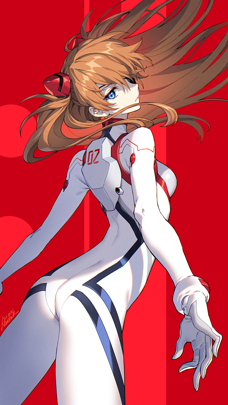 1girl ass blue_eyes bodysuit breasts brown_hair closed_mouth cowboy_shot expressionless eyepatch from_behind gloves hair_ornament highres long_hair looking_at_viewer looking_back nardack neon_genesis_evangelion number one_eye_covered pale_skin plugsuit red_background shikinami_asuka_langley signature skin_tight small_breasts solo souryuu_asuka_langley two_side_up very_long_hair white_bodysuit white_gloves