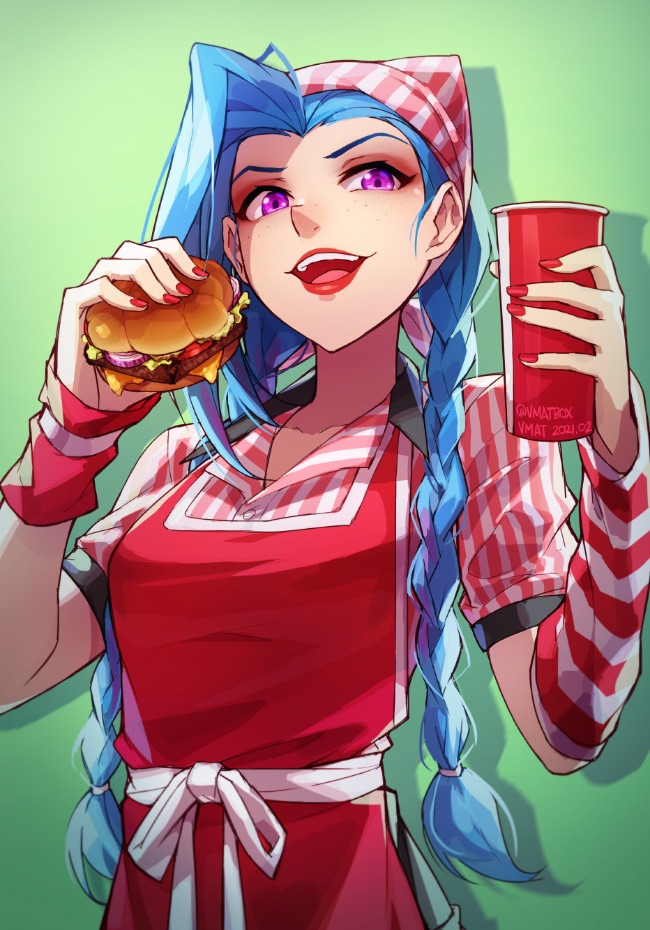 1girl apron bangs blue_hair braid collared_shirt cup detached_sleeves disposable_cup english_commentary fast_food food green_background hair_behind_ear hamburger holding holding_cup holding_food jinx_(league_of_legends) league_of_legends making-of_available md5_mismatch open_mouth red_apron shaded_face shadow shirt solo striped striped_shirt twin_braids violet_eyes vmat