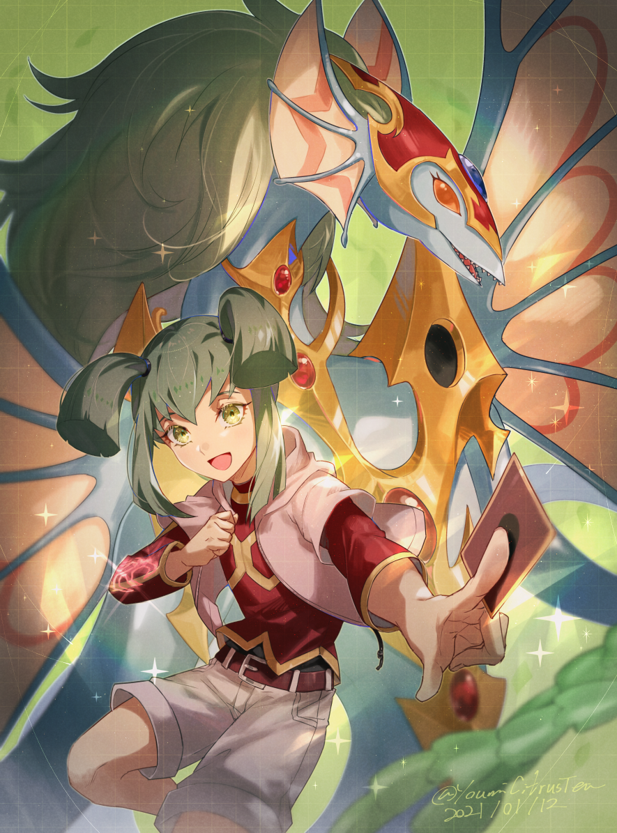 1girl 2021 :d ancient_fairy_dragon bangs belt belt_buckle buckle card dated dragon green_background green_eyes green_hair hair_between_eyes holding holding_card jacket long_hair long_sleeves luca_(yu-gi-oh!) open_clothes open_jacket open_mouth outstretched_arm pink_jacket red_belt red_shirt shirt short_over_long_sleeves short_sleeves shorts sidelocks smile solo sparkle twintails twitter_username white_shorts youmicitrustea yu-gi-oh! yu-gi-oh!_5d's