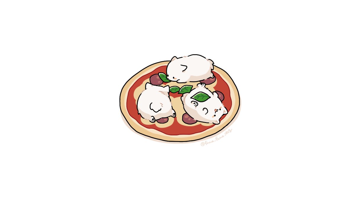 :3 animal animal_focus artist_name black_eyes blush_stickers dog facing_away fluffy food fuwa_fuwa_dog in_food leaf lying no_humans on_back on_stomach open_mouth original pizza shadow simple_background solid_circle_eyes sploot twitter_username white_background