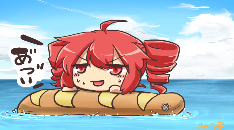 1girl afloat artist_name baguette blush_stickers bread chibi clouds commentary day drill_hair food inflatable_toy kasane_teto katai_ameshi ocean open_mouth outdoors red_eyes redhead ripples short_hair solo sweat translated twin_drills upper_body utau v-shaped_eyebrows
