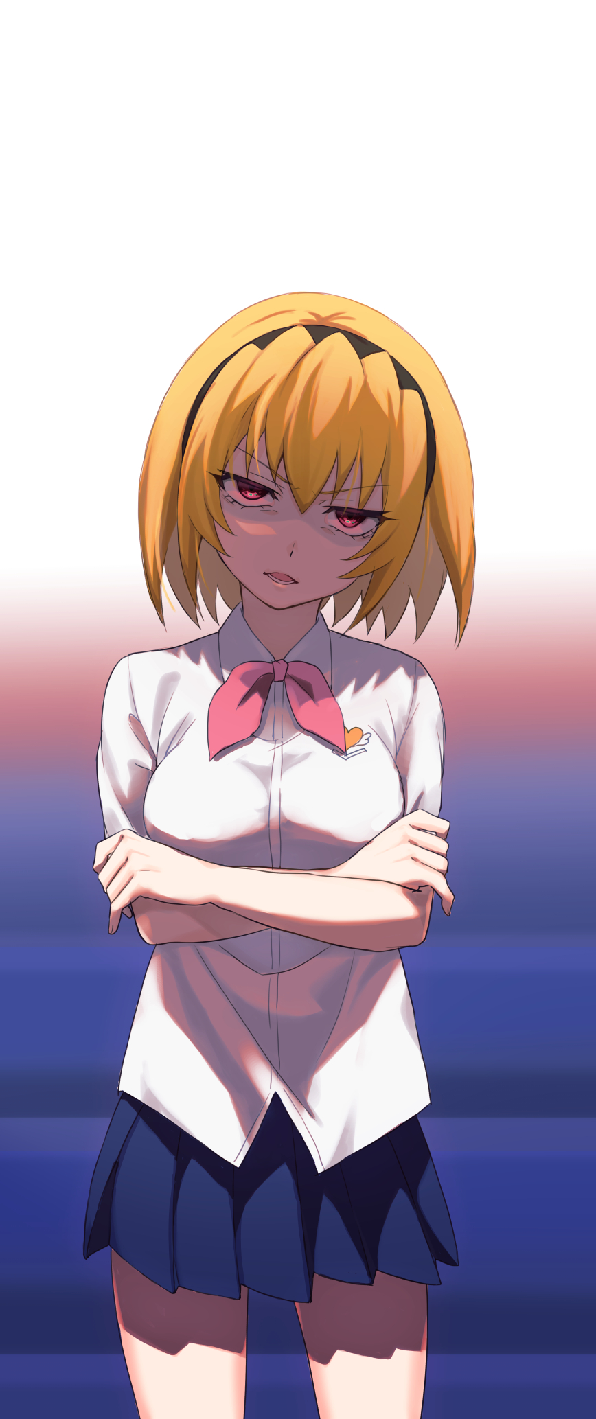 1girl angry arms_under_breasts bare_arms black_hairband blonde_hair blue_background blue_skirt bow bowtie breasts commentary_request cowboy_shot crossed_arms eyelashes glaring gradient gradient_background hairband highres higurashi_no_naku_koro_ni houjou_satoko large_breasts lower_teeth mana_(msmknt) older open_mouth pink_neckwear pleated_skirt red_background red_eyes shaded_face shirt short_hair short_sleeves skirt solo white_background white_shirt