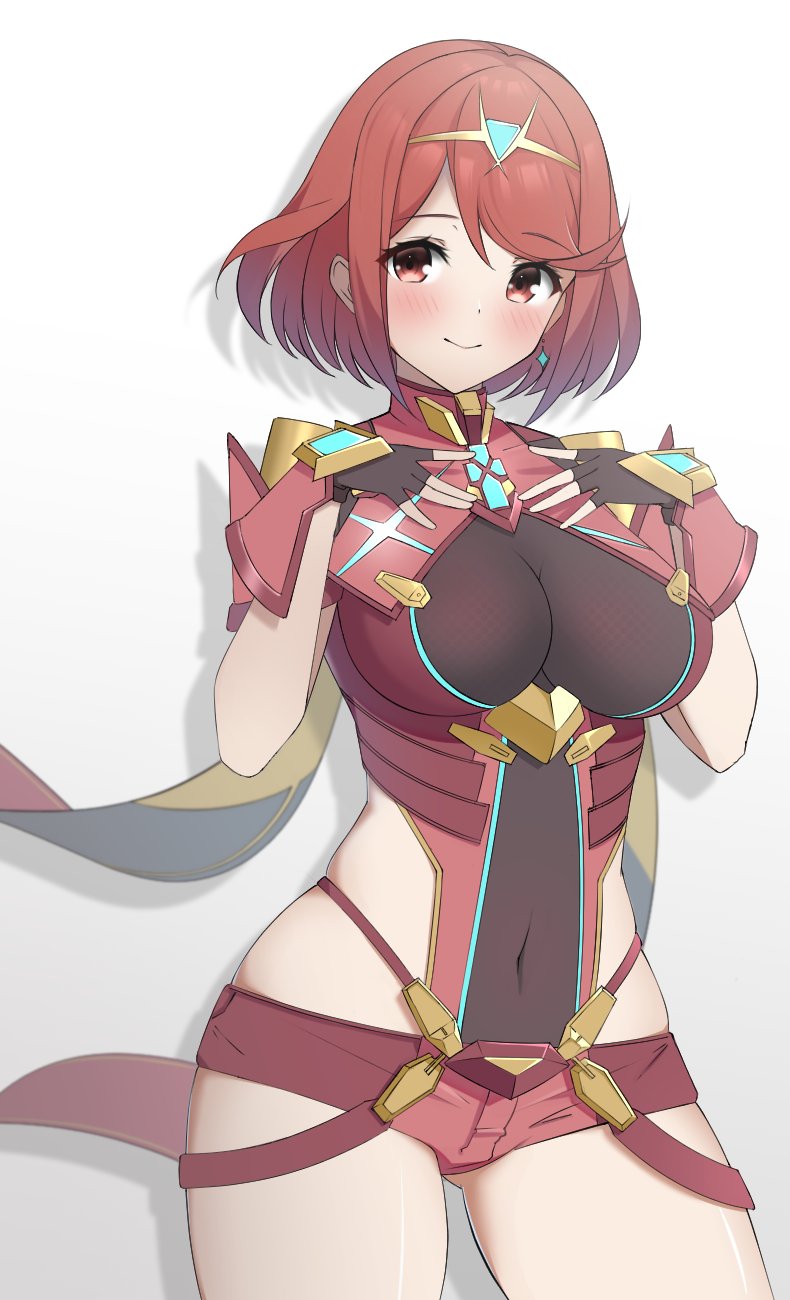 1girl bangs black_gloves blush breasts chest_jewel covered_navel cowboy_shot earrings eyebrows_visible_through_hair fingerless_gloves gloves gradient gradient_background grey_background highres impossible_clothes jewelry looking_at_viewer medium_breasts pyra_(xenoblade) red_eyes red_shorts redhead shadow short_hair short_shorts shorts solo swept_bangs tiara tsumugi_1210 white_background xenoblade_chronicles_(series) xenoblade_chronicles_2