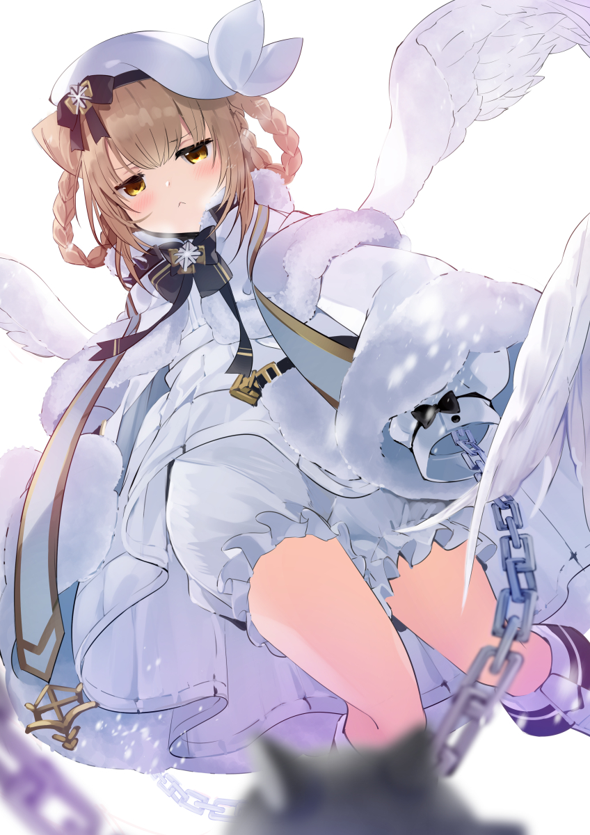 1girl :&lt; ann_(ann58533111) azur_lane black_bow black_ribbon bloomers bow braid chain coat dress feathered_wings fur-trimmed_coat fur_trim gremyashchy_(azur_lane) hat highres light_brown_hair looking_at_viewer ribbon sailor_hat solo underwear very_long_sleeves white_background white_dress wings yellow_eyes